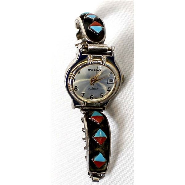 Navajo Sterling Turquoise & Coral Watch Band
