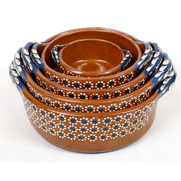 5 Graduated Redware with Blue & White Handles