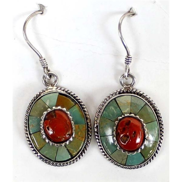 Navajo Green Turquoise & Coral Pierced Earrings