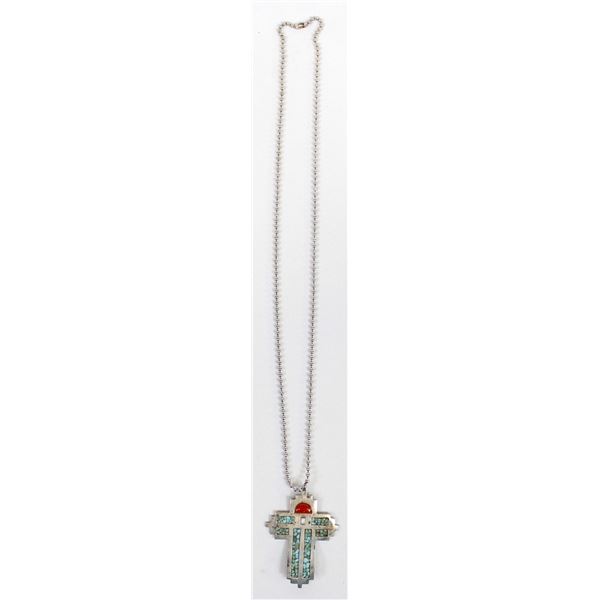 Sterling Inlay Chip Turquoise Cross Necklace