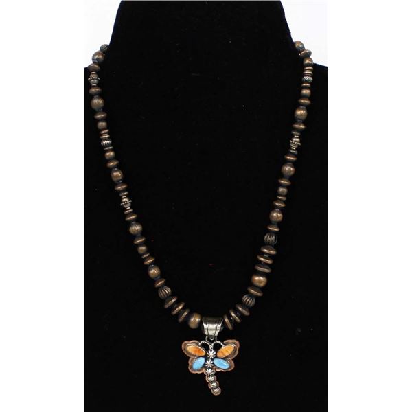 Navajo Turquoise Orange Shell Dragonfly Necklace