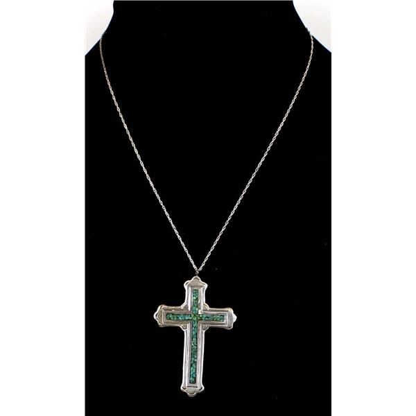 JTS Silver Chip Inlay Cross Pendant Necklace