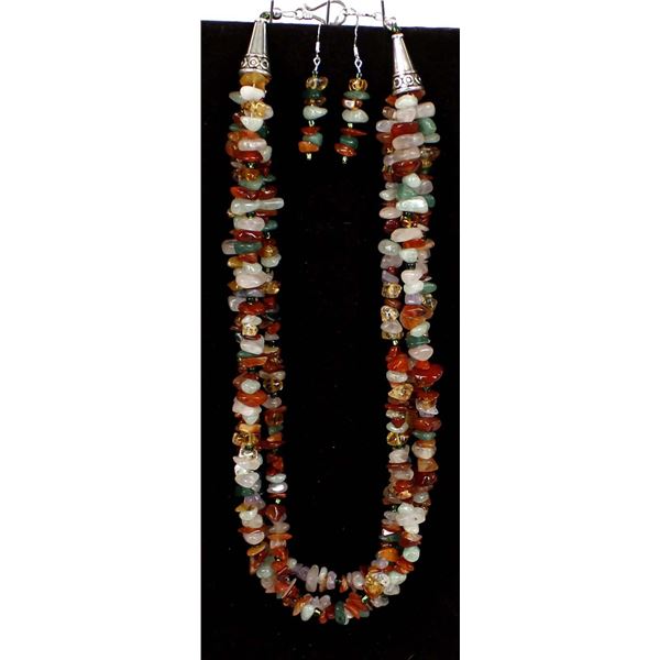 3 Strand Multi-Agate & Stone Necklace & Earrings