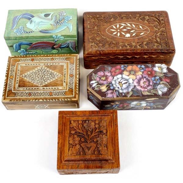 Collection of 5 Carved Wood Trinket Boxes