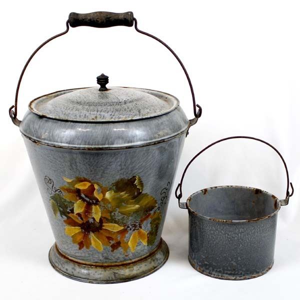 Antique Grey Graniteware Milk Can and Cream Bucket