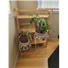 Image 1 : Wood Shelf 3.5' Tall with 2 Potted Plants & 2 Plant Stands