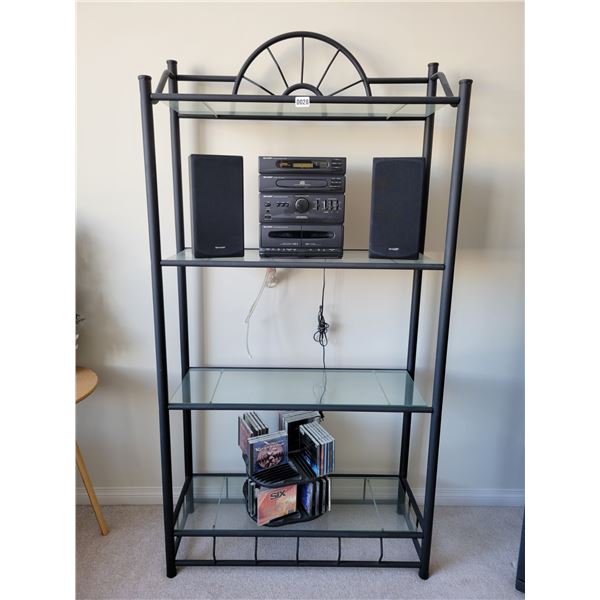 Tall Black Shelf with CD's & Sharp Stereo with Speakers