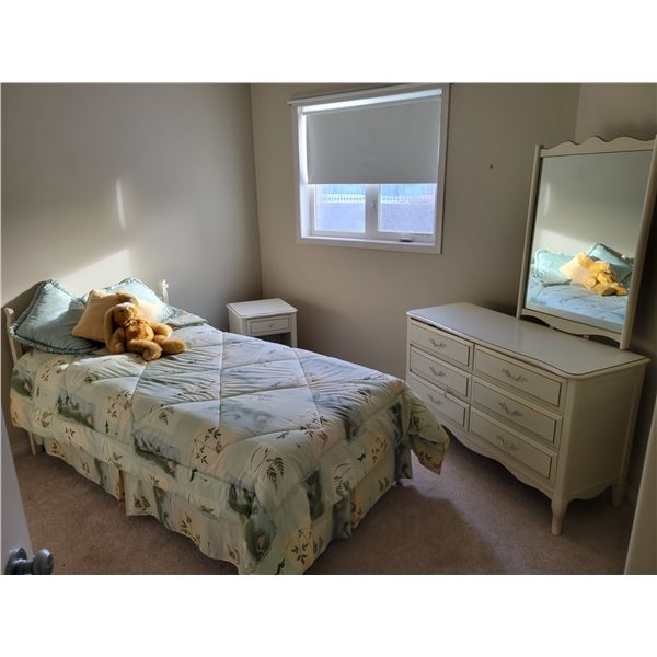 Twin Bed with Bedding - Dresser with Mirror & Nightstand