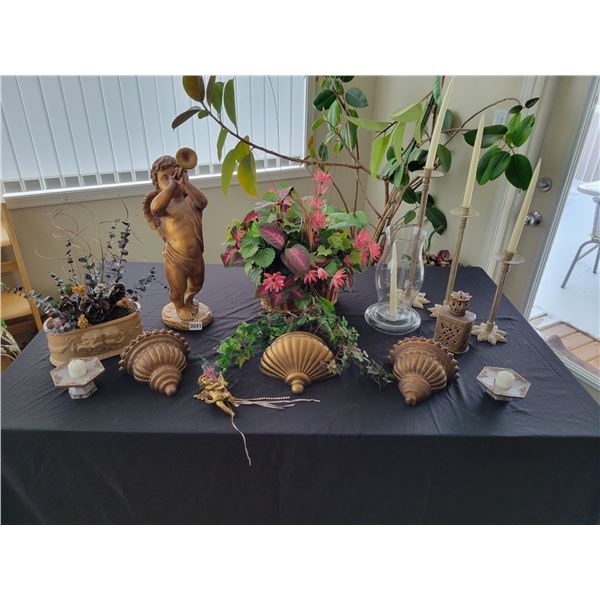 Tall Plastic Cherub Playing Horn - Silk Plants - Plastic Shelves