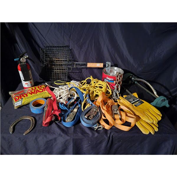Rope - Ratchet Straps - Work Gloves - Fire Extinguisher - Chain - Horse Shoe