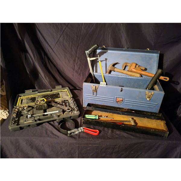 Metal Tool Box - Socket Set (Incomplete) - Saw - Pipe Wrench- Wiper Blades - Paint Accessories