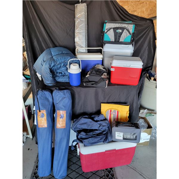 Campers Collection of Chairs x3, Coolers, Service Kit, Sleeping Bag & Thermos