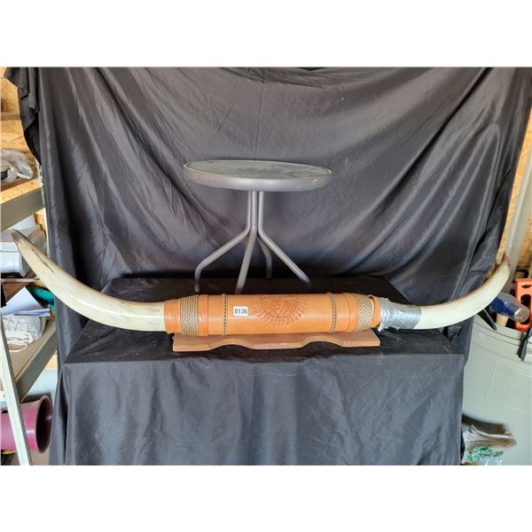 Large Ox Horns 5' (Some Damage) & Glass Top Outdoor Side Table