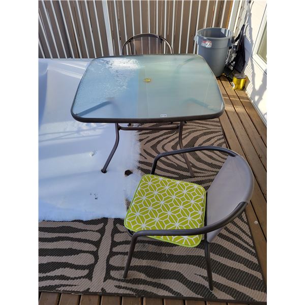 Glass Top Patio Set with 2 Chairs and Large Patio Rug