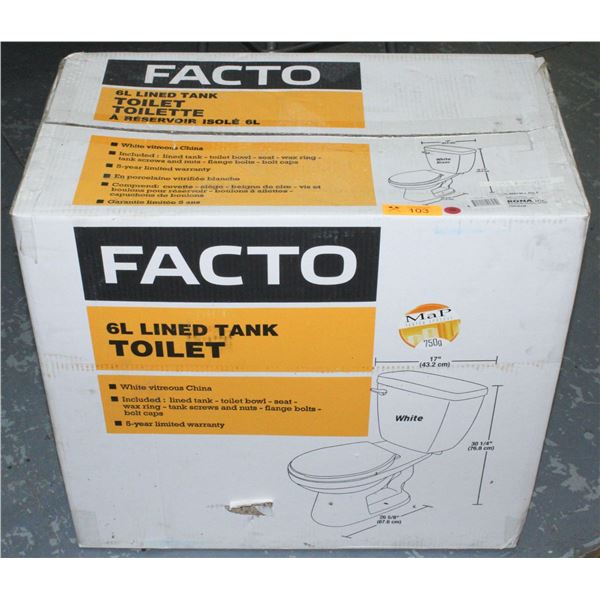NEW FACTO 6L LINED TANK TOILET - WHITE