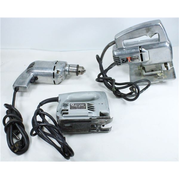 LOT OF 3 VINTAGE ELECTRIC TOOLS - SABRE SAW, JIGSAW, HEAVY DUTY 1/4" RAM DRILL