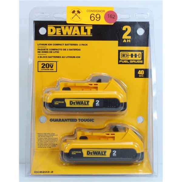 NEW DEWALT 2 AH 20V LITHIUM ION BATTERIES - TWO PACK MODEL DCB203-2