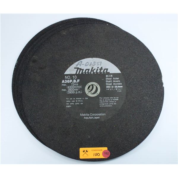 LOT OF 4 MAKITA #10 A36 P.B.F 14" X 1/8" X 1" METAL CUTTING DISCS