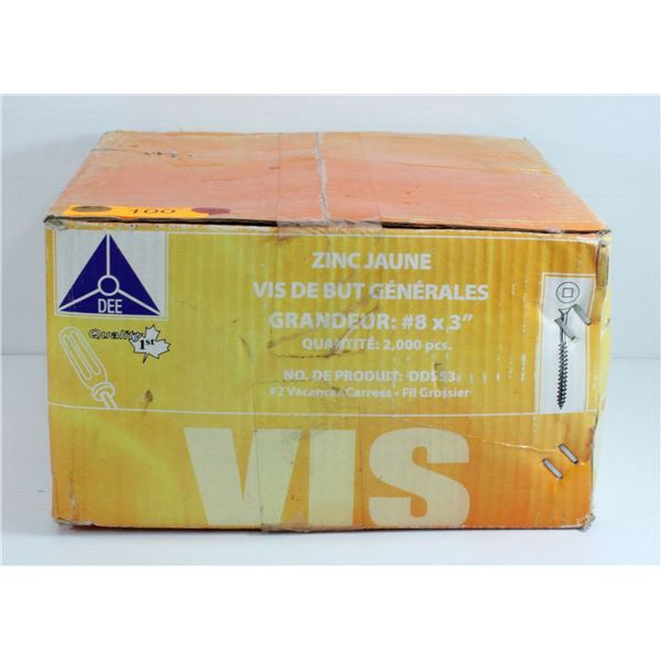 BOX OF ZINC GENERAL PURPOSE SCREWS - #8 X 3" - 2000 PCS
