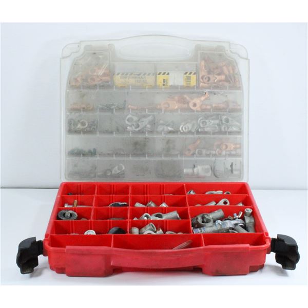 BOX OF ASSORTED ELECTRICAL CRIMP CONNECTORS (LARGE GAUGE) AND MORE