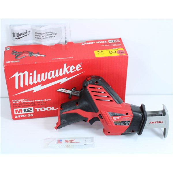 MILWAUKEE M12 HACKZALL CORDLESS RECIP SAW (TOOL ONLY) MODEL 2420-20