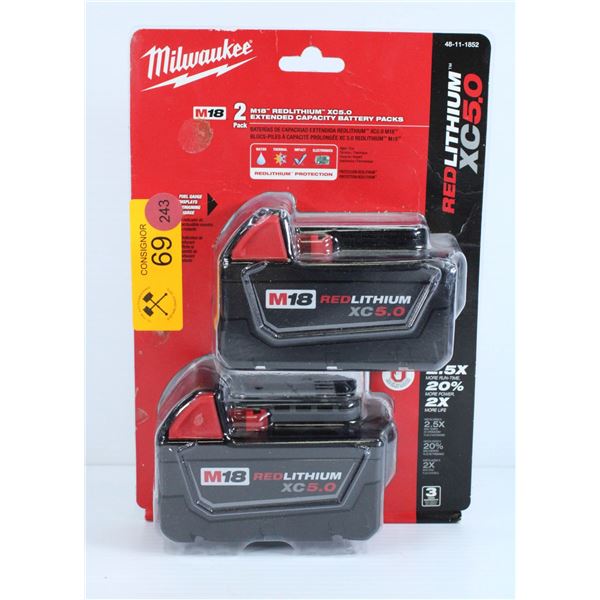 NEW MILWAUKEE M18 TWO PACK OF REDLITHIUM XC5.0 EXTENDED CAPACITY BATTERY PACKS
