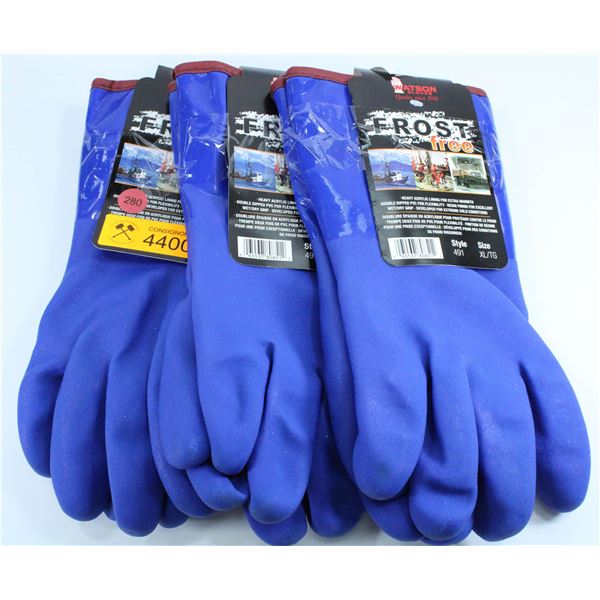 LOT OF 3 PAIR WATSON FROST FREE LINED WATER PROOF GLOVES - SIZE XL