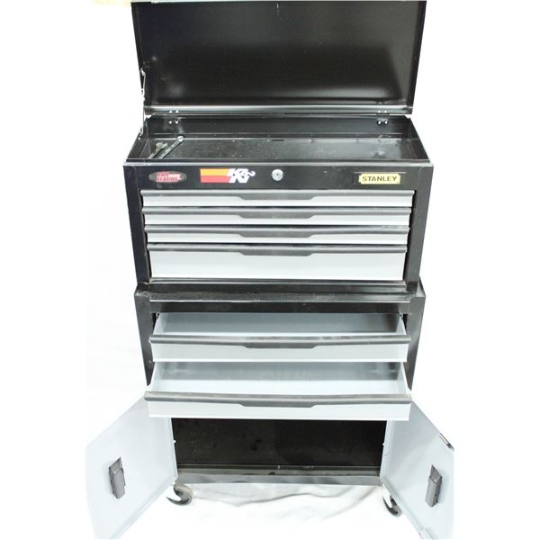 STANLEY TWO PIECE ROLLING TOOL BOX WITH SIX DRAWERS & STORAGE CUPBOARD.