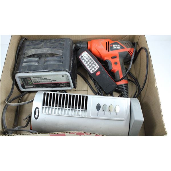 FLAT OF MISC - SCHMACKER BATTERY CHARGER, BLACK AND DECKER DRILL