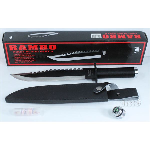 NEW RAMBO FIRST BLOOD PART II 10" KNIFE WITH COMPASS, GLASS BREAKER