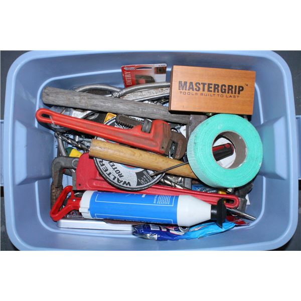 BIN OF MISC. HAND TOOLS; PIPE WRENCH, CRESCENT WRENCH, DRAIN BLASTER