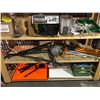 Image 8 : 4 SHELVES OF ASSORTED FLAGGER AND PAINTERS TOOLS; FLAGGING SIGNS, PAINT TRAYS, SANDING DISCS AND