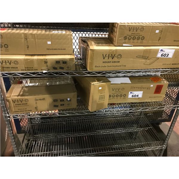 SHELF LOT OF MONITOR MOUNTS, MONITOR DESK MOUNTS AND MORE