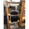 Image 2 : 3 PINE RACKS AND ALL CONTENTS; AUDIO EQUIPMENT, STOOL AND MORE