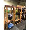 Image 1 : 3 PINE RACKS AND ALL CONTENTS; RUG, DISHES TOOLBOX, SMALL HEATER AND MORE