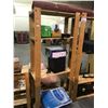 Image 2 : 3 PINE RACKS AND ALL CONTENTS; RUG, DISHES TOOLBOX, SMALL HEATER AND MORE