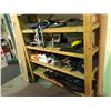 Image 1 : 4 SHELVES OF ASSORTED TOOLS, CAMERA TRIPODS, CUTTING BOARD AND MORE