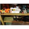 Image 8 : 4 SHELVES OF ASSORTED TOOLS, CAMERA TRIPODS, CUTTING BOARD AND MORE