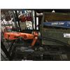 Image 2 : SHELF LOT OF ASSORTED TOOLS INCLUDING WEED EATER, HANDSAW, WOODEN TOOLBOX AND MORE