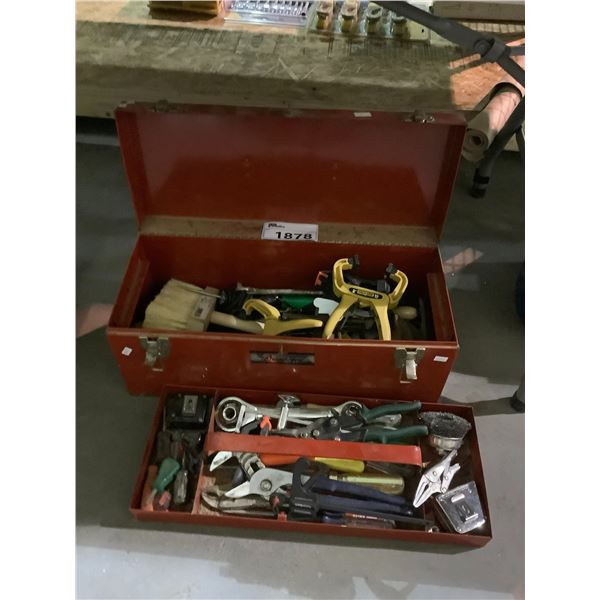 RED TOOLBOX WITH CONTENTS INCLUDING; WRENCH, TAPE MEASURE, CLAMPS & MORE