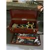 Image 1 : RED TOOLBOX WITH CONTENTS INCLUDING; WRENCH, TAPE MEASURE, CLAMPS & MORE