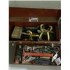 Image 2 : RED TOOLBOX WITH CONTENTS INCLUDING; WRENCH, TAPE MEASURE, CLAMPS & MORE