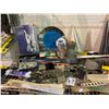 Image 2 : SHELF LOT OF ASSORTED TOOLS INCLUDING, PAINT BRUSHES, SAWZALL BLADES, EGG TIMER, ROPE & MORE