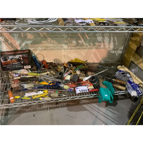 SHELF LOT OF ASSORTED ITEMS INCLUDING; SCREWDRIVERS, SCROLL BLADE, MONKEY WRENCH & MORE