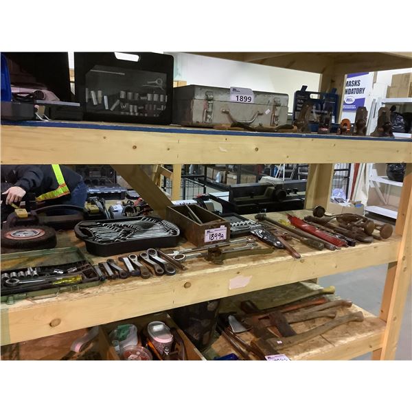 SHELF LOT OF ASSORTED ITEMS INCLUDING WRENCH SET, RATCHET SET, GRINDER WHEELS & MORE