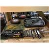 Image 2 : SHELF LOT OF ASSORTED ITEMS INCLUDING WRENCH SET, RATCHET SET, GRINDER WHEELS & MORE