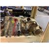 Image 4 : SHELF LOT OF ASSORTED ITEMS INCLUDING WRENCH SET, RATCHET SET, GRINDER WHEELS & MORE