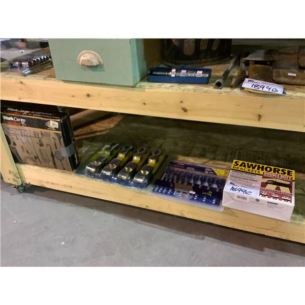 SHELF LOT OF ASSORTED ITEMS INCLUDING; RATCHET STRAPS, BOSCH SPADE BITS SET, SAWHORSE BRACKETS