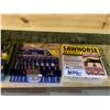 Image 2 : SHELF LOT OF ASSORTED ITEMS INCLUDING; RATCHET STRAPS, BOSCH SPADE BITS SET, SAWHORSE BRACKETS