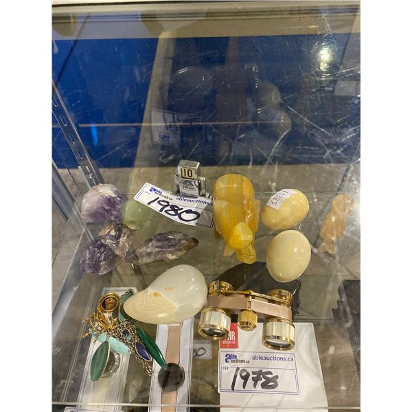 ASSORTED COLLECTIBLES, GEODES & OPERA STYLE BINOCULARS